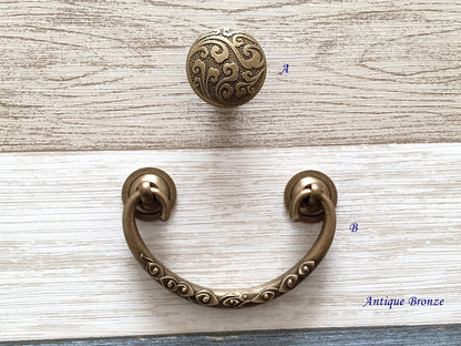 2.75" to 3" Centers Brass Drop Bail Drawer Pull with matching knob, Vintage Style, Antique Bronze Black