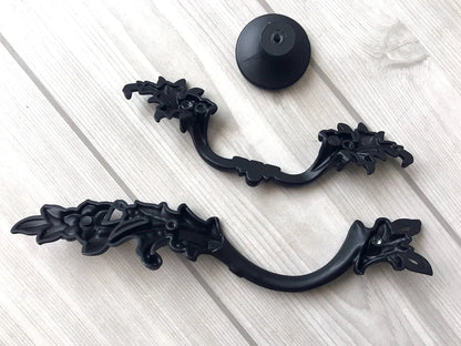 Black Leafy Cabinet Drawer Pulls, Floral Knob, Pair Vertical Handles