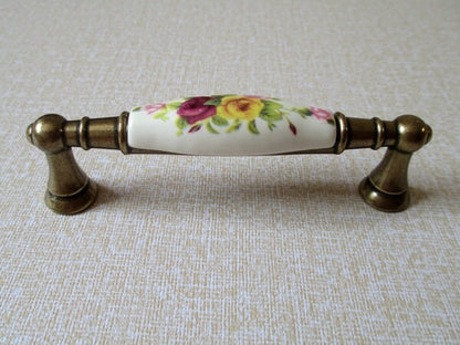 3.75" C-C Floral Drawer Pull & Knobs, Antique Bronze, Cream, Ceramic