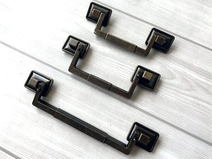 3.5" 3.75" 5.5" Vintage Style Drop Bail Drawer Pulls with Square Cabinet Knob, Antique Bronze