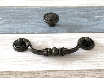 4-3/4 Inches antique bronze Drop Bail Dresser Pull and matching Cabinet round knob 
