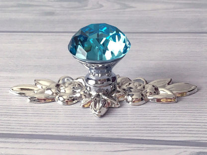 Blue Glass Drawer Knobs with Floral Back Plates, Polished Silver