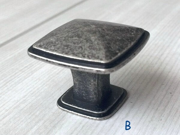 Antique Pewter Cabinet Pulls, Square Knob, Retro Kitchen Hardware