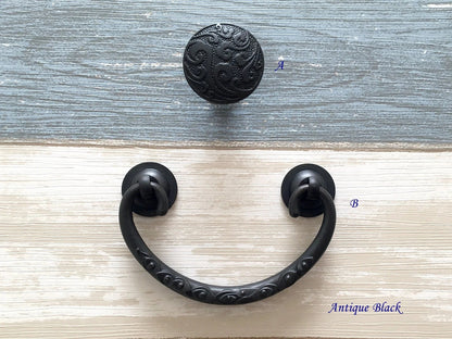 2.75" to 3" Centers Brass Drop Bail Drawer Pull with matching knob, Vintage Style, Antique Bronze Black