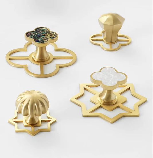 Solid Brass Brushed Gold Backplates for Dresser Drawer Pull Knobs, Clover, Octagon