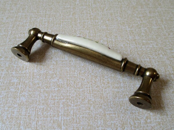 3.75" C-C Floral Drawer Pull & Knobs, Antique Bronze, Cream, Ceramic