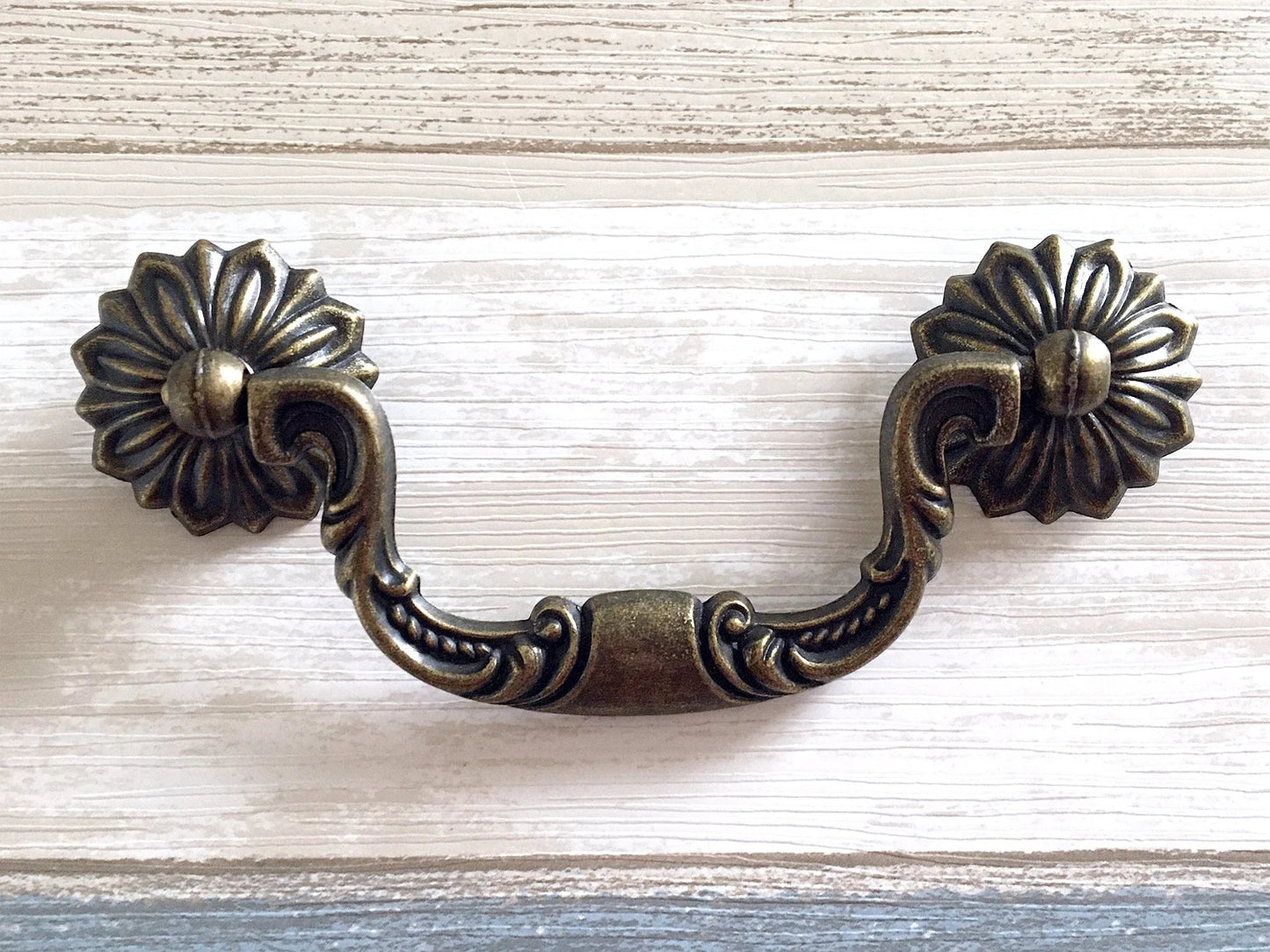 3.75" Drop Bail Drawer Pulls, Floral Knob, Vintage Style, Antique Bronze