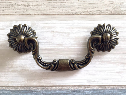 3.75" Drop Bail Drawer Pulls, Floral Knob, Vintage Style, Antique Bronze