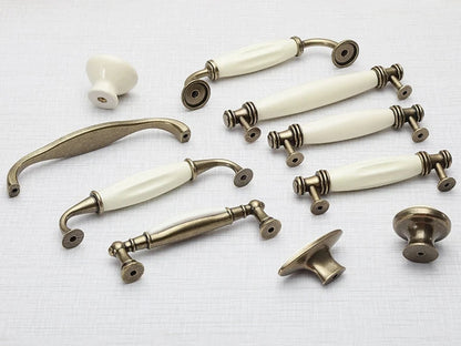 Cream Porcelain Cabinet Pulls Drawer Handles Antique Bronze