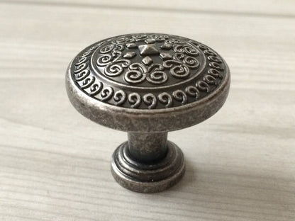 3.5" Antique Pewter Cup Drawer Pull and Knobs with emobssed motif