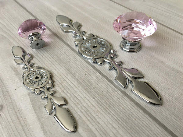 Pink Glass Drawer Knobs with Backplate, Polished Chrome