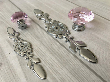 Pink Glass Drawer Knobs with Backplate, Polished Chrome