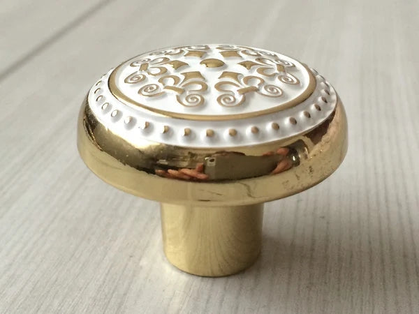 Shabby Chic Drawer Knob, Gold White Cabinet Door Pull, Decorative Kitchen Hardware