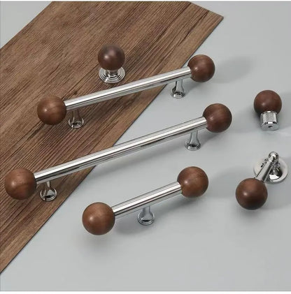 Walnut & Brass Chrome Cabinet Drawer Pull, Modern Japandi Kitchen Hardware