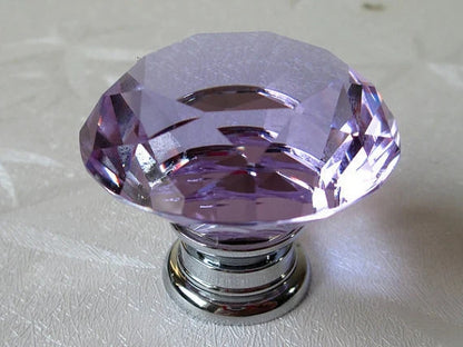 Purple Glass Drawer Knobs with Backplate, Polished Chrome