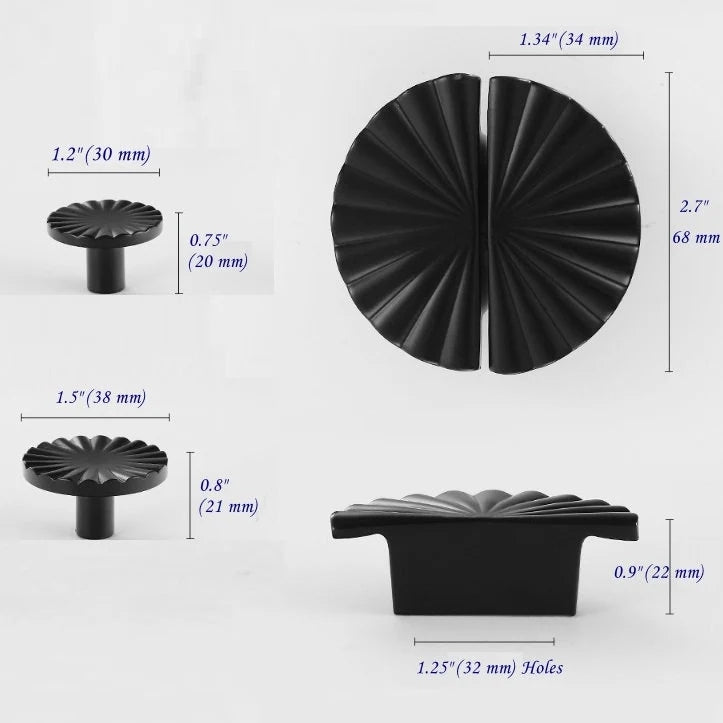 Brass Sunburst Half Moon Drawer Knob, Semi Circle Cabinet Pull, Black Gold Chrome