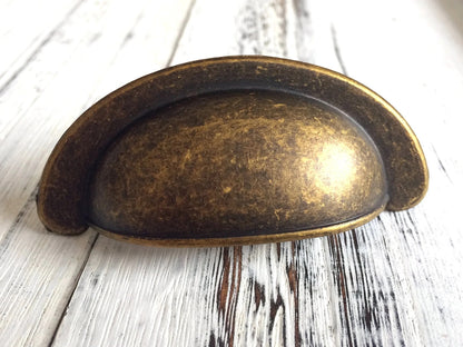 2.75" Cup Drawer Pull & Cabinet Knob in Antique Brass, 2-3/4 Inch 70 mm Centers