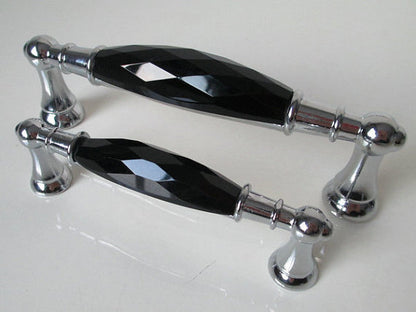 3.75" 5" Black Crystal Glass Drawer Pull & Diamond Cut Knob, Silver Chrome