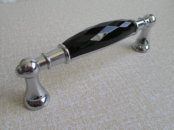 3.75" 5" Black Crystal Glass Drawer Pull & Diamond Cut Knob, Silver Chrome