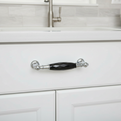 3.75" 5" Black Crystal Glass Chrome Drawer Pull & Diamond Cut Knob - LynnsHardware