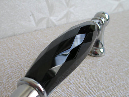 3.75" 5" Black Crystal Glass Drawer Pull & Diamond Cut Knob, Silver Chrome