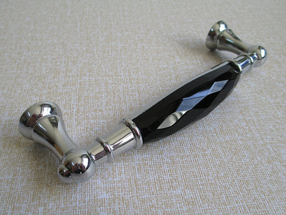 3.75" 5" Black Crystal Glass Drawer Pull & Diamond Cut Knob, Silver Chrome