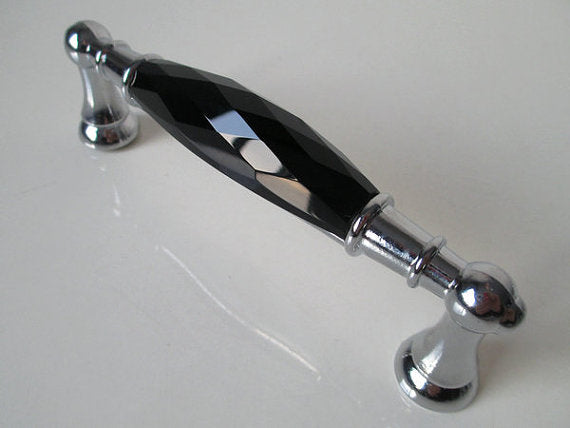 3.75" 5" Black Crystal Glass Drawer Pull & Diamond Cut Knob, Silver Chrome