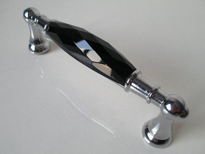 3.75" 5" Black Crystal Glass Drawer Pull & Diamond Cut Knob, Silver Chrome