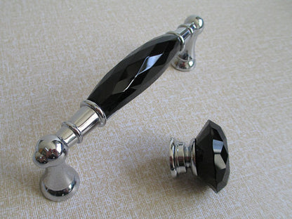3.75" 5" Black Crystal Glass Drawer Pull & Diamond Cut Knob, Silver Chrome