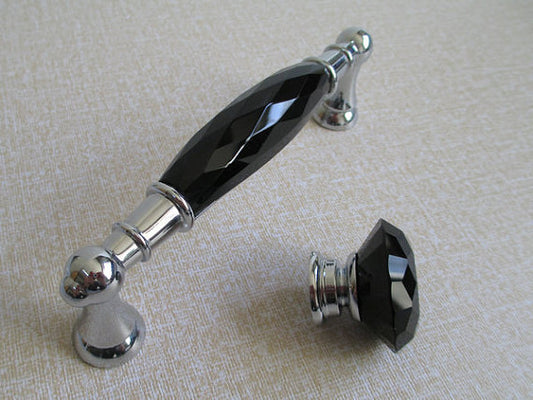 3.75" 5" Black Crystal Glass Drawer Pull & Diamond Cut Knob, Silver Chrome