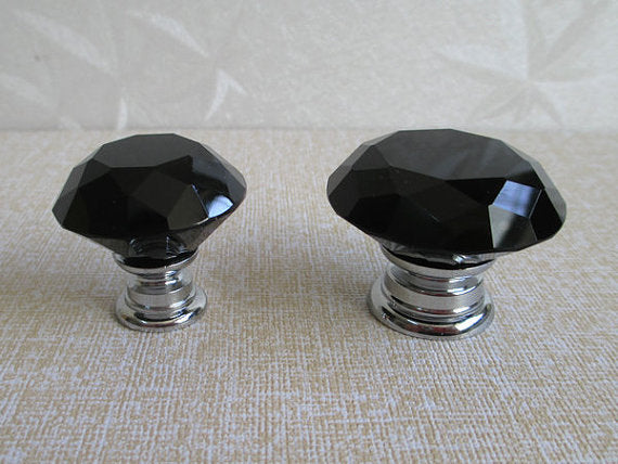 3.75" 5" Black Crystal Glass Drawer Pull & Diamond Cut Knob, Silver Chrome