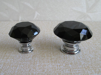 3.75" 5" Black Crystal Glass Drawer Pull & Diamond Cut Knob, Silver Chrome
