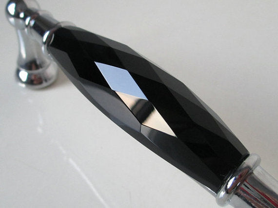 3.75" 5" Black Crystal Glass Drawer Pull & Diamond Cut Knob, Silver Chrome
