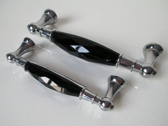 3.75" 5" Black Crystal Glass Drawer Pull & Diamond Cut Knob, Silver Chrome