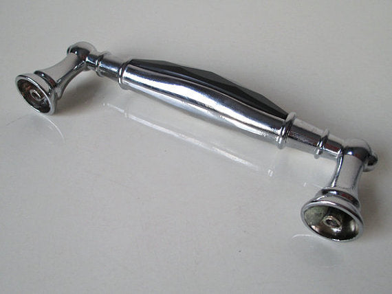 3.75" 5" Black Crystal Glass Drawer Pull & Diamond Cut Knob, Silver Chrome
