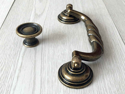 4-1/2" Bail Drawer Pull Handle & Knob, Vintage Style, Antique Bronze