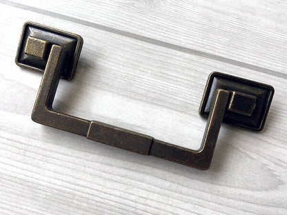 3.5" 3.75" 5.5" Vintage Style Drop Bail Drawer Pulls with Square Cabinet Knob, Antique Bronze