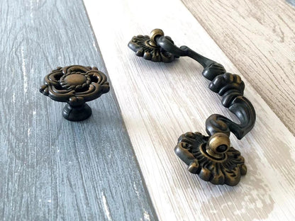 4.5" Vintage Style Antique Gold Brass Drop Bail Drawer Pull and Cabinet Knob