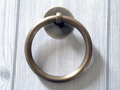 Dia 3.1" 80 mm Large Brass Drop Ring Drawer Pull Vintage Style, Unlaquered, Bronze Gold