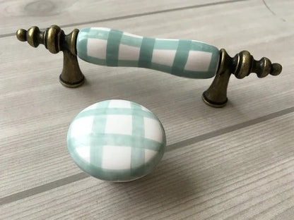 3" Centers Gingham Ceramic Drawer Pull and Cabinet Knob, Antique Bronze Green Yellow Red Blue White