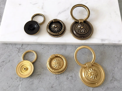 Brass Drop Ring Drawer Pulls, Floral Backplate, Antique Bronze, Gold