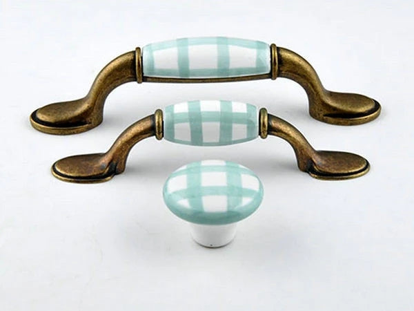 Gingham Porcelain Drawer Pulls, 3" 3.75" Centers, Blue Green Yellow Red
