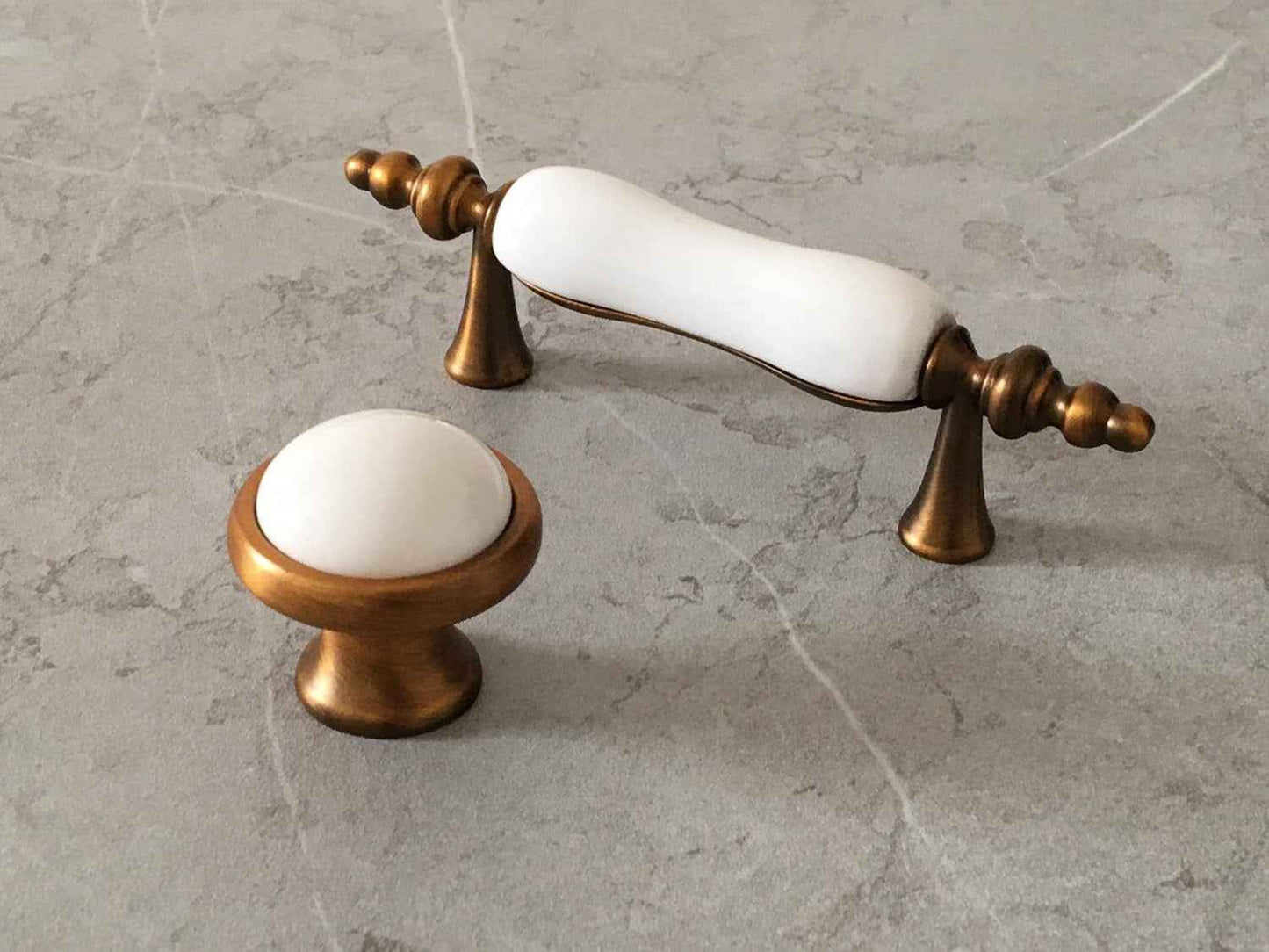 3" Centers Ceramic Antique Copper White Cabinet Pull & Knob - 76 mm Holes