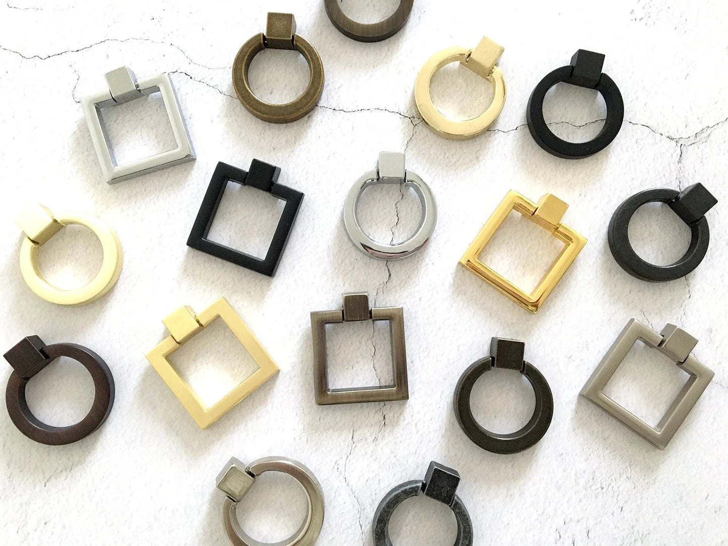 Square & Ring Drop Cabinet Pulls, Gold, Nickel, Bronze, Black