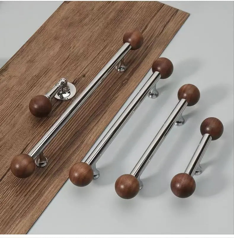 Walnut & Brass Chrome Cabinet Drawer Pull, Modern Japandi Kitchen Hardware