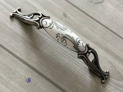 3.75" 5" Centers Antique Pewter Porcelain Drawer Pull Handle