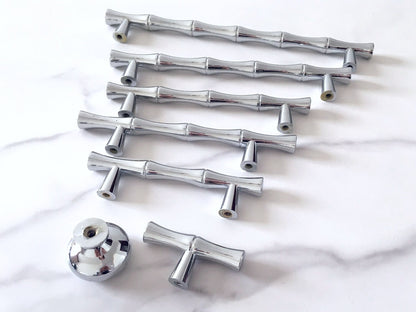 Bamboo Cabinet Pulls and Drawer Knobs, Polished Chrome Silver, Modern Kitchen Hardware