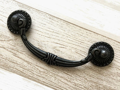 4.5" Vintage Style Antique Black Bail Drawer Pull, Drop Ring, Round Knob