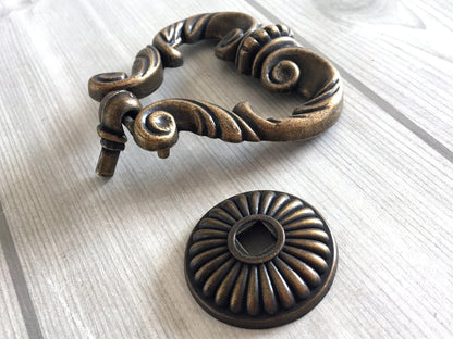 2.75" Wide Large Cabinet Drop Pull, Vintage Style Ring Drawer Knob, Antique Brass