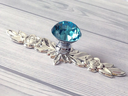 Blue Glass Drawer Knobs with Floral Back Plates, Polished Silver